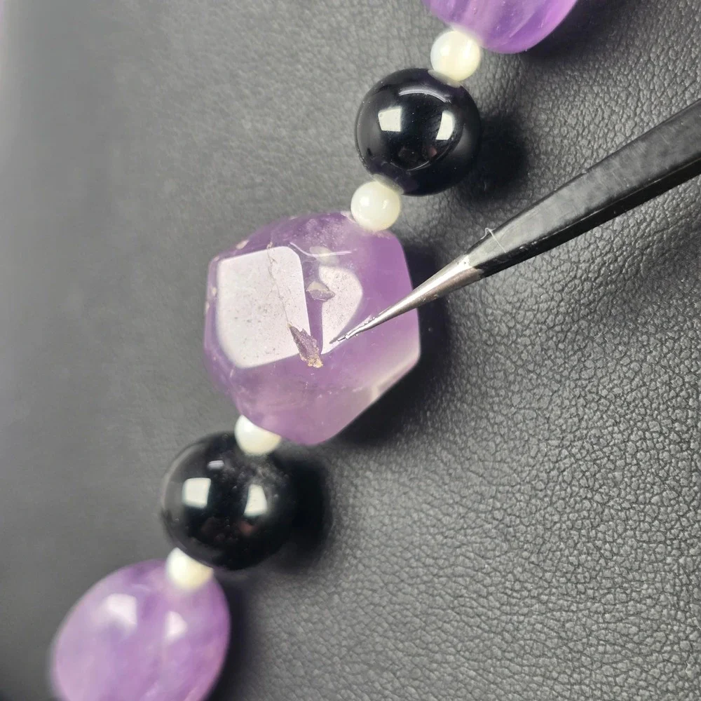 Vintage Lee Sands Mother of Pearl Floral Inlay Necklace Amethyst Black Beads 17
